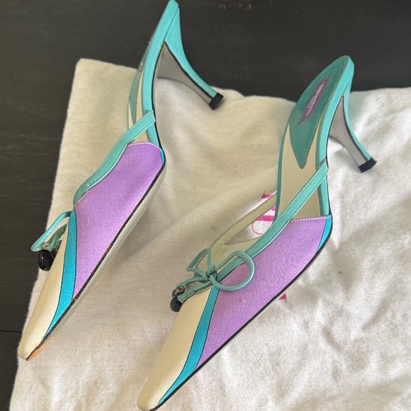 Vintage Emilio Pucci Cream and Teal Mules - Picture 2 of 4